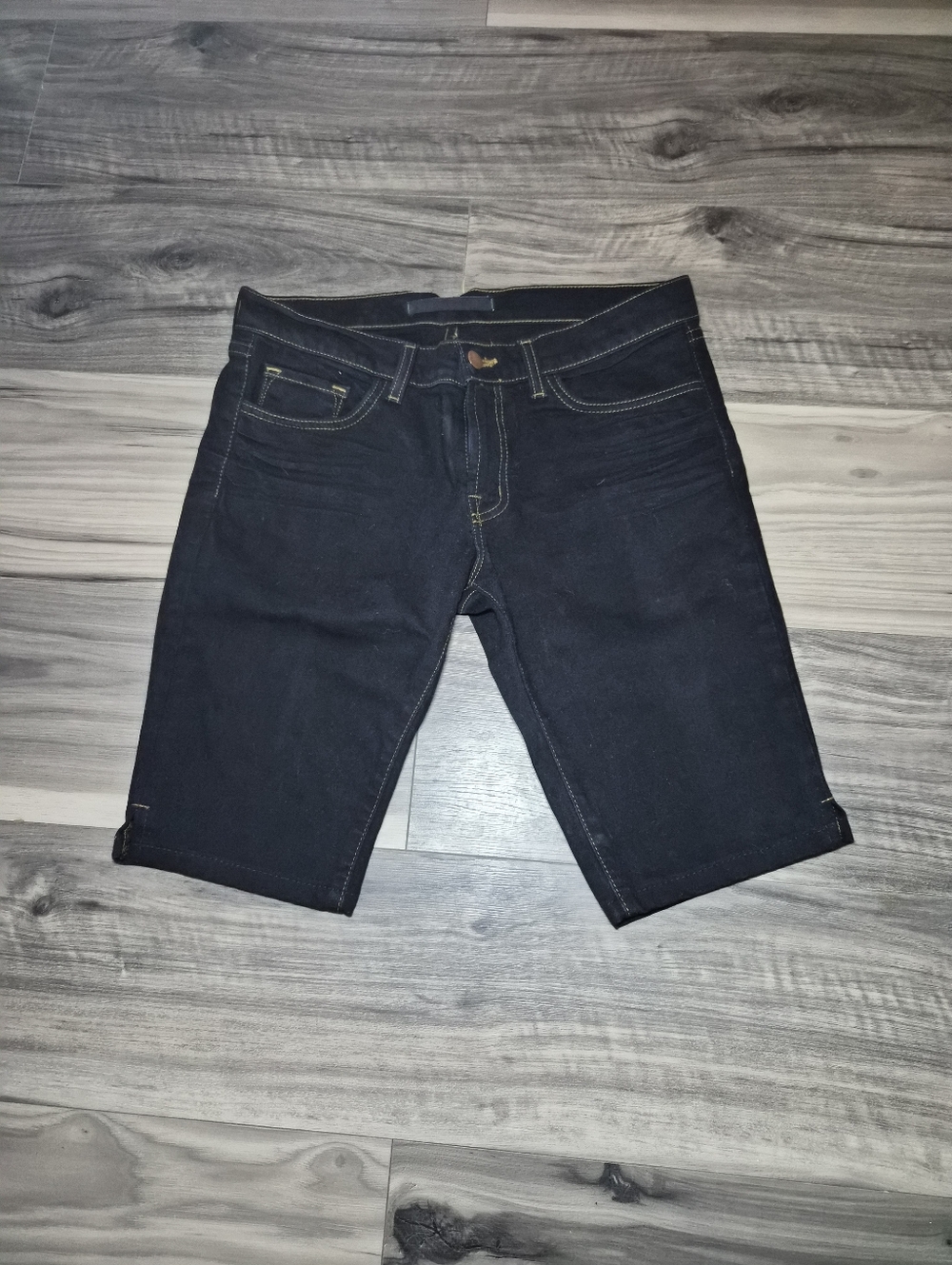 J Brand Black Denim Bermuda Shorts with Yellow Stitching 28
